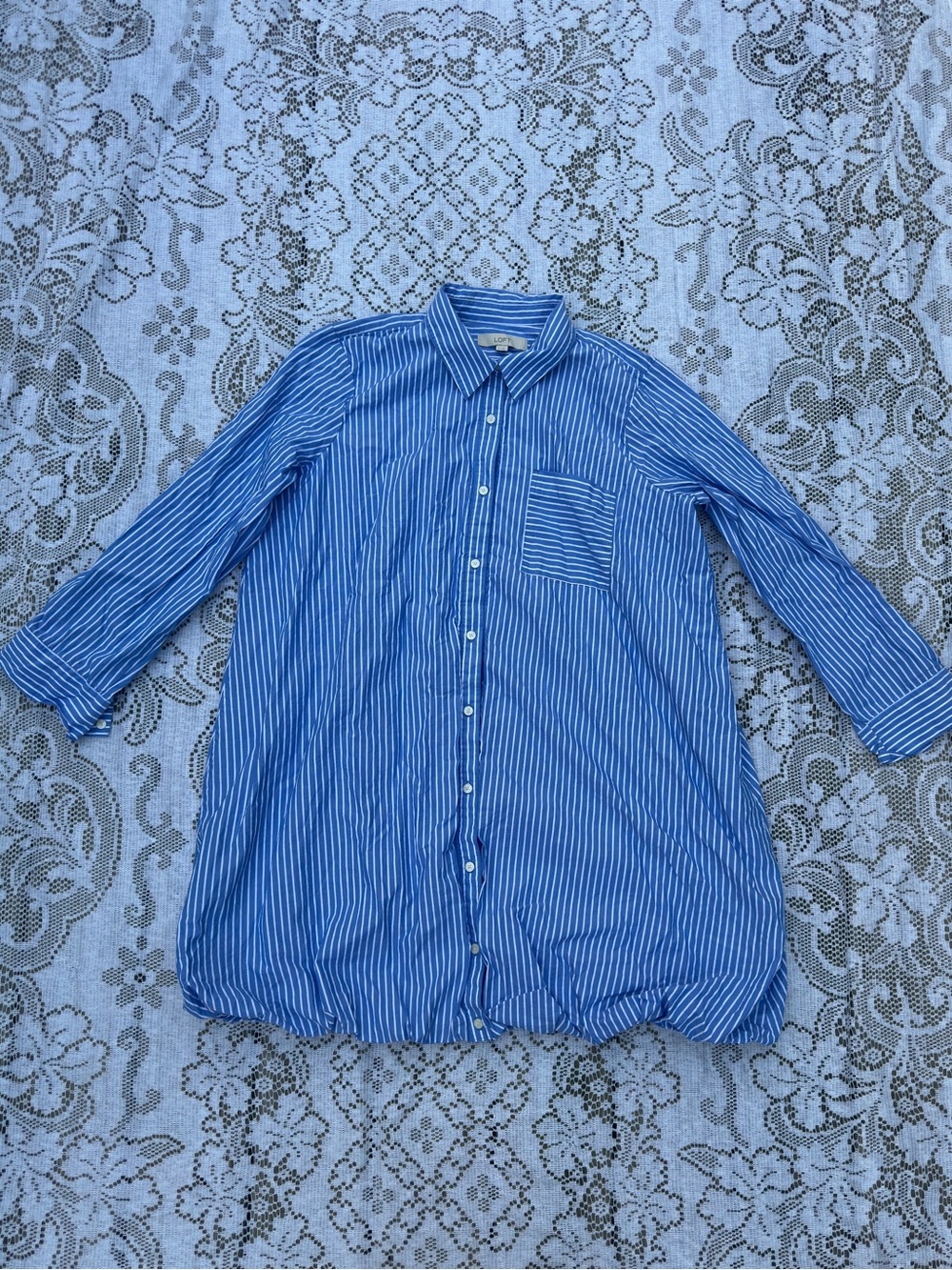 LOFT Blue White Striped Bubble Hem Shirt Dress Women’s XL Collared Long Sleeve